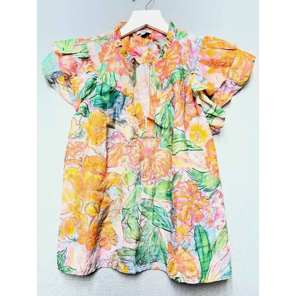 Rails Calista Tropics Floral Ruffle Sleeve Cotton Top Orange Yellow‎ Green Med